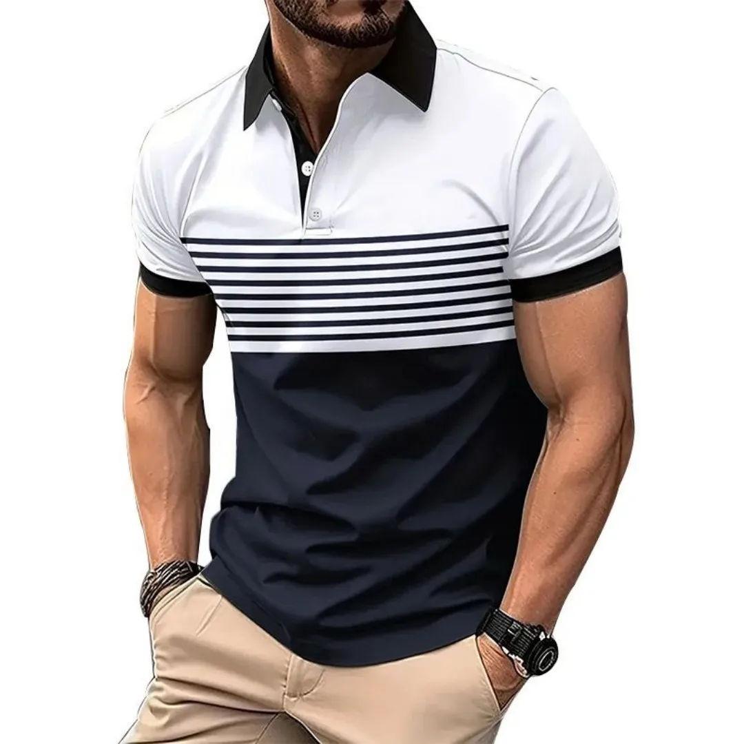 The 2025 Summer New Men's POLO Shirt Features a Casual Fashionable Soft and Comfortable 3D Striped Pattern Print