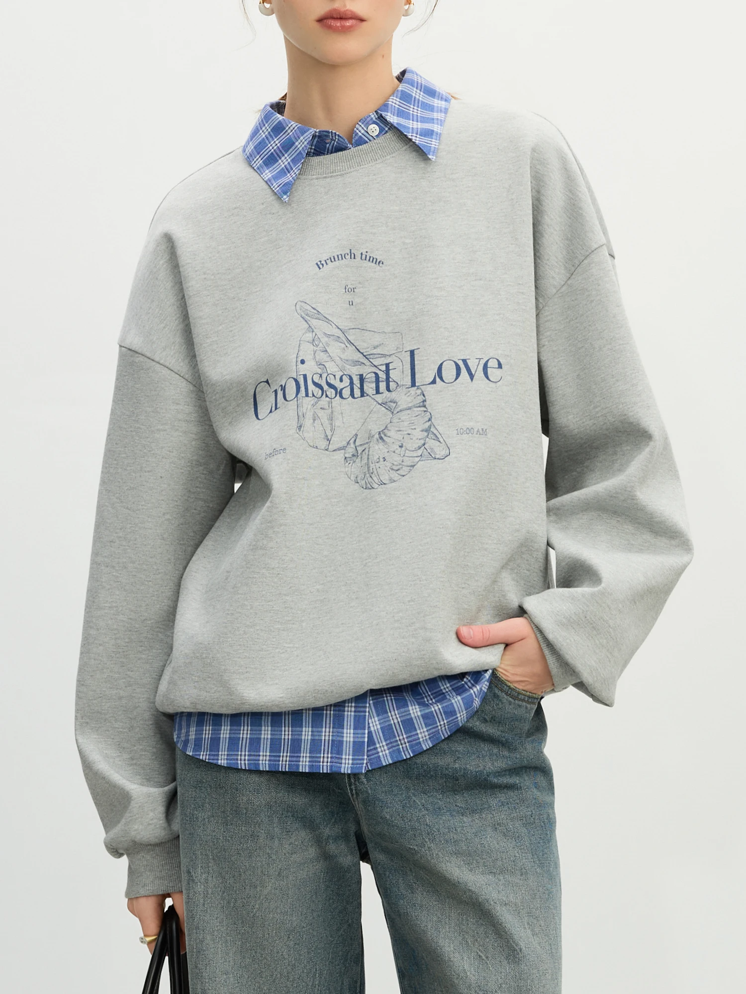 FSLE Grey Hoodless Round Neck Sweatshirt for Women 2025 Spring New Design All-match Casual Loose Top Chic Outfits 25FS11112