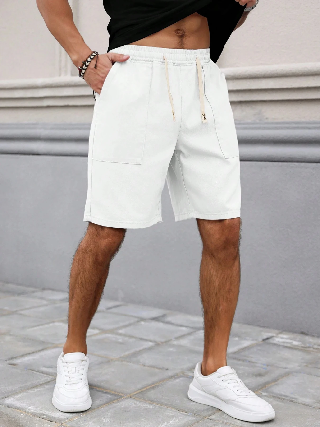 Summer Men's Retro American Style Shorts with Drawstring Casual Pants Included Solid Color Trendy Mid-Length Men's Shorts