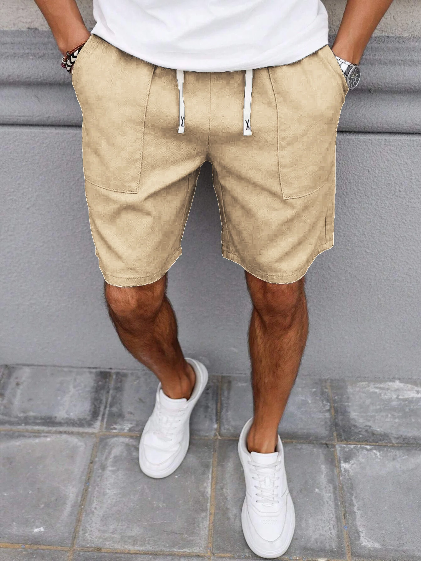 Summer Men's Retro American Style Shorts with Drawstring Casual Pants Included Solid Color Trendy Mid-Length Men's Shorts