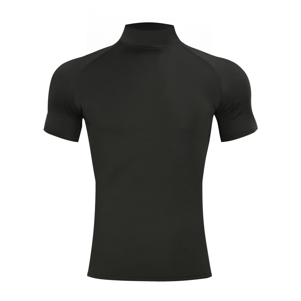 Mens Bodybuilding Sports Tight T-shirt Summer Compression Turtleneck Short Sleeve Gym Fitness Quick Dry Running Male Workout Top