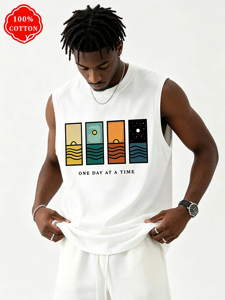 100% Cotton Men's Summer Sleeveless Top, Printed Casual Loose Vest, Minimalist Pattern Sports Vest, Suitable for Daily Wear - T7