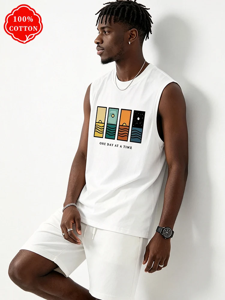 100% Cotton Men's Summer Sleeveless Top, Printed Casual Loose Vest, Minimalist Pattern Sports Vest, Suitable for Daily Wear - T7