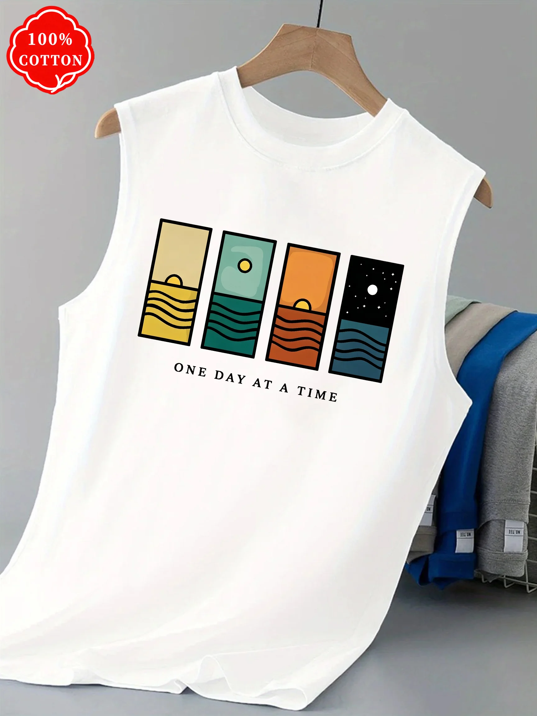 100% Cotton Men's Summer Sleeveless Top, Printed Casual Loose Vest, Minimalist Pattern Sports Vest, Suitable for Daily Wear - T7