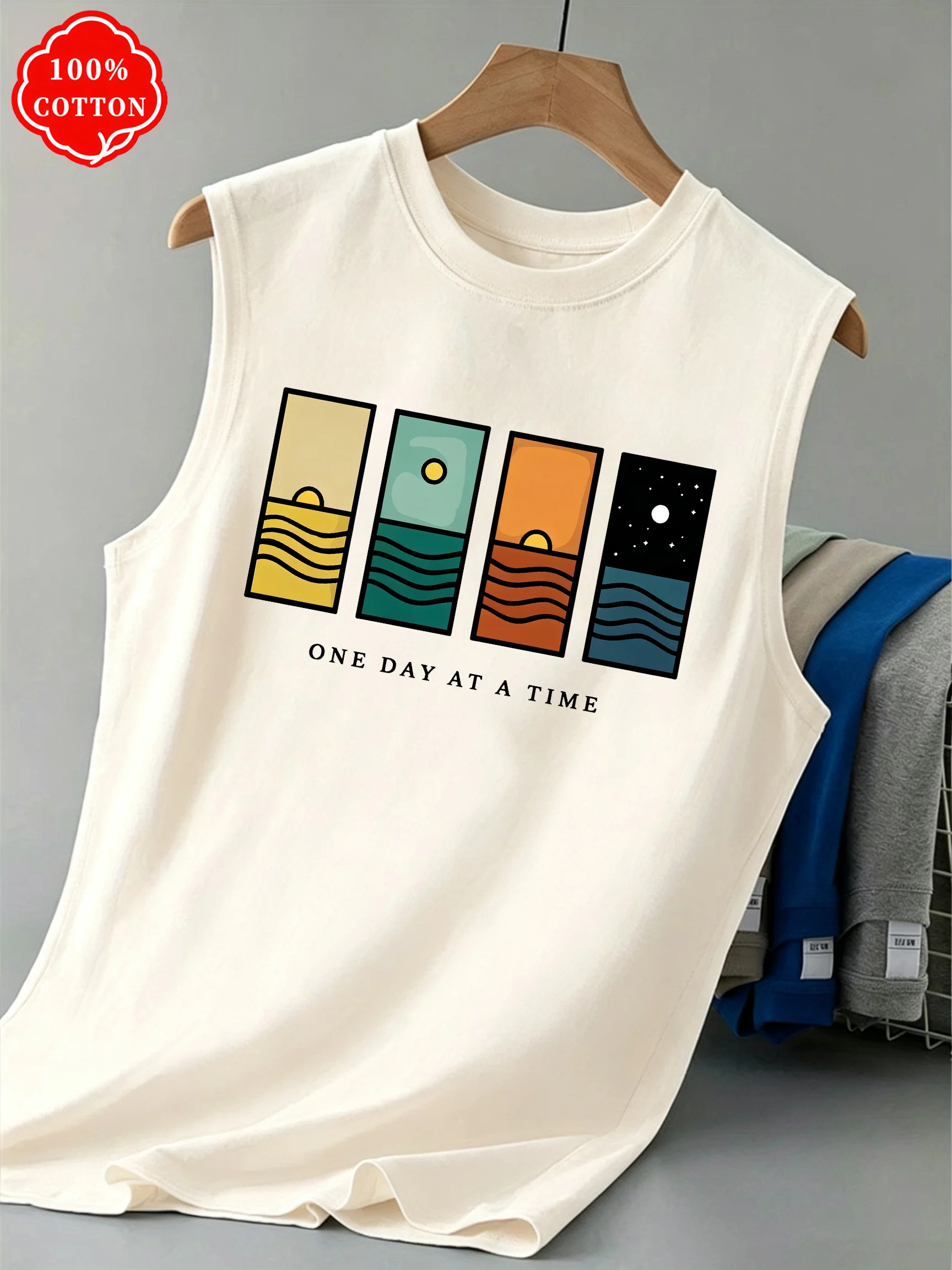 100% Cotton Men's Summer Sleeveless Top, Printed Casual Loose Vest, Minimalist Pattern Sports Vest, Suitable for Daily Wear - T7