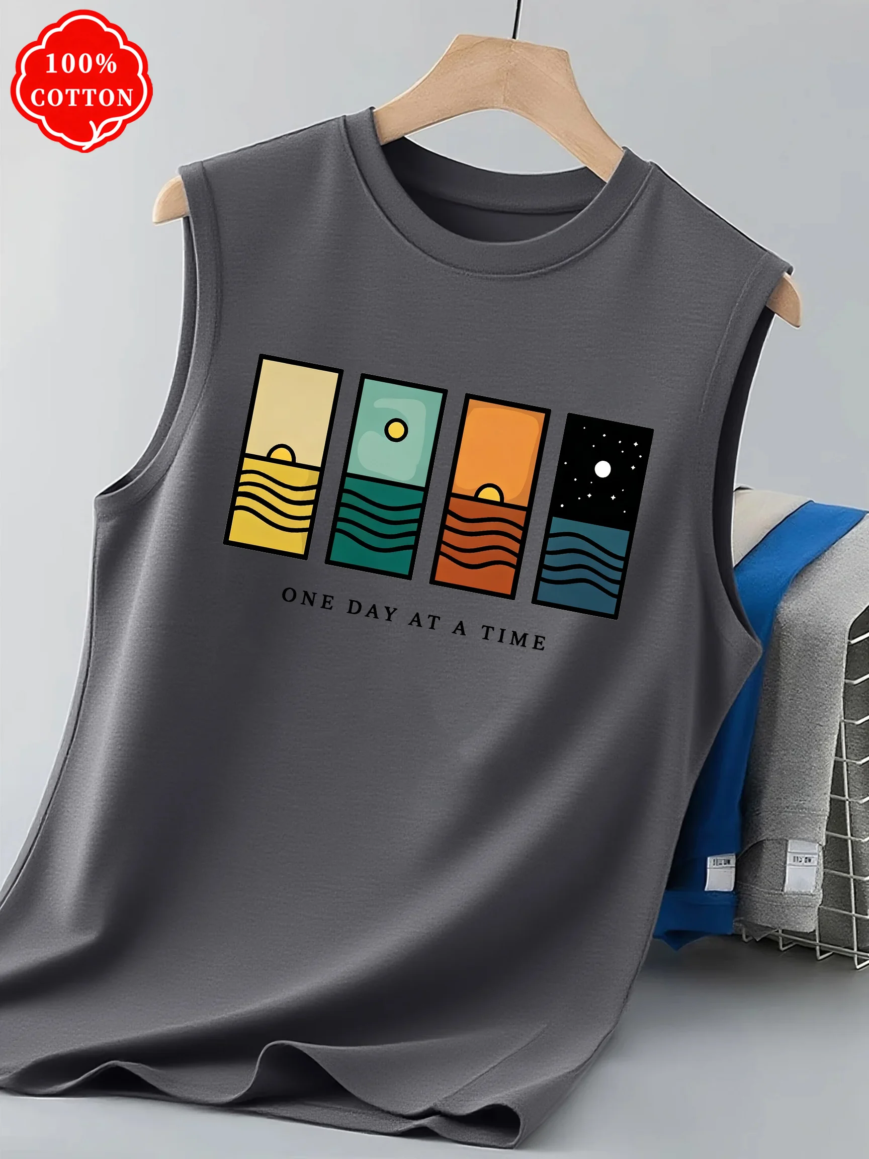 100% Cotton Men's Summer Sleeveless Top, Printed Casual Loose Vest, Minimalist Pattern Sports Vest, Suitable for Daily Wear - T7