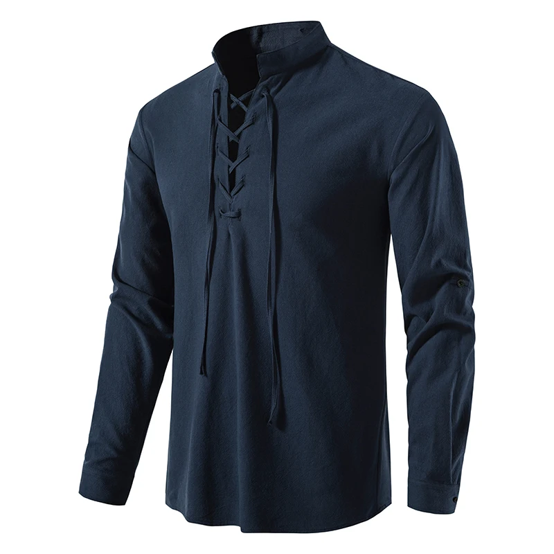 King Billion Men's Shirts Casual Men Cotton Linen Long Sleeve T-shirt Spring Autumn Vintage Shirt US Size Drawstring Neck
