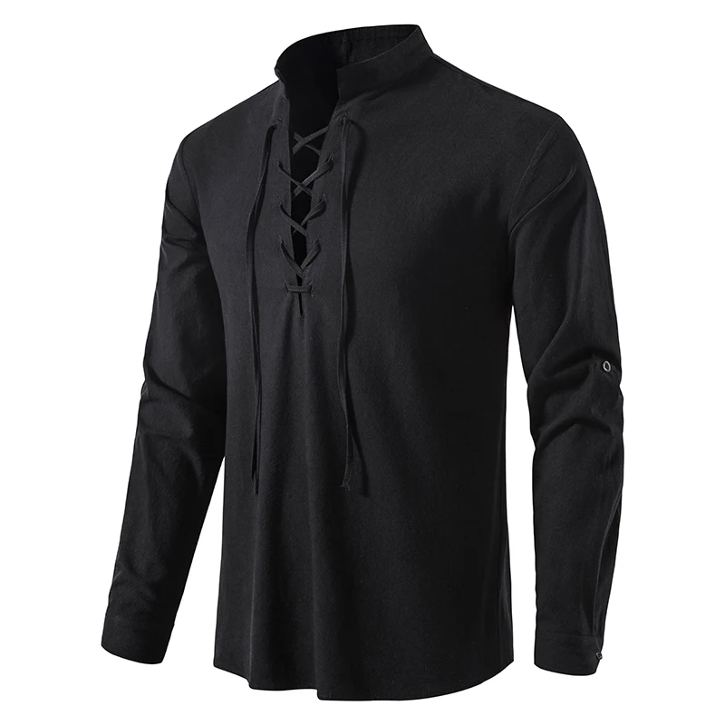 King Billion Men's Shirts Casual Men Cotton Linen Long Sleeve T-shirt Spring Autumn Vintage Shirt US Size Drawstring Neck
