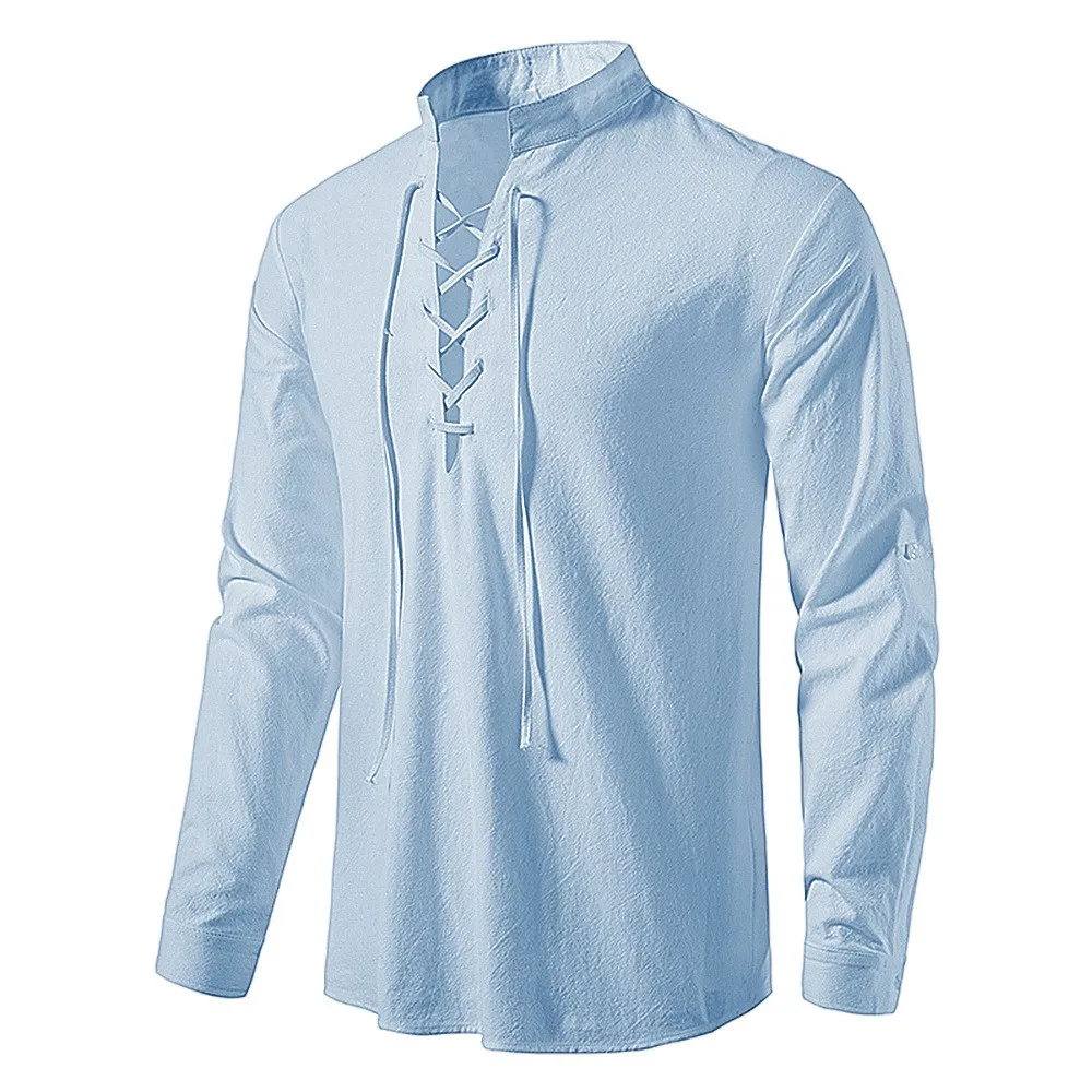 King Billion Men's Shirts Casual Men Cotton Linen Long Sleeve T-shirt Spring Autumn Vintage Shirt US Size Drawstring Neck