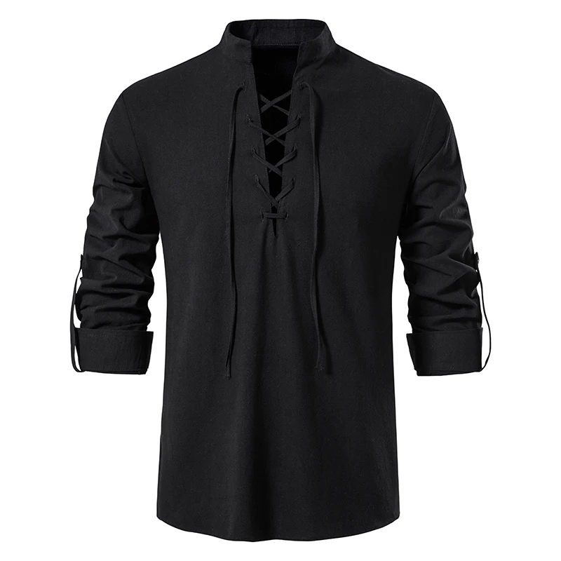 King Billion Men's Shirts Casual Men Cotton Linen Long Sleeve T-shirt Spring Autumn Vintage Shirt US Size Drawstring Neck
