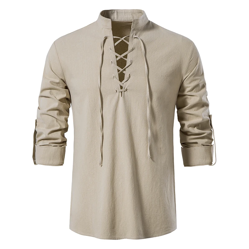 King Billion Men's Shirts Casual Men Cotton Linen Long Sleeve T-shirt Spring Autumn Vintage Shirt US Size Drawstring Neck