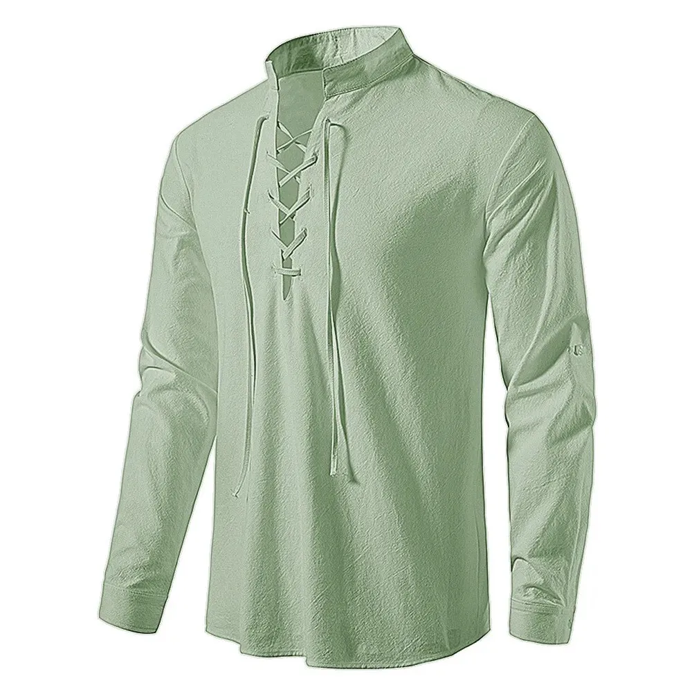 King Billion Men's Shirts Casual Men Cotton Linen Long Sleeve T-shirt Spring Autumn Vintage Shirt US Size Drawstring Neck