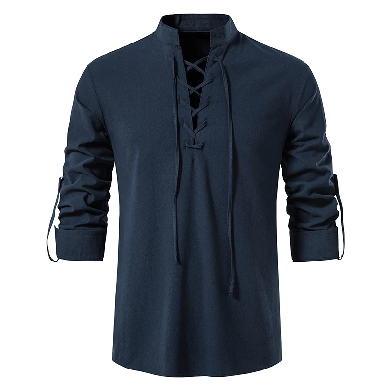 King Billion Men's Shirts Casual Men Cotton Linen Long Sleeve T-shirt Spring Autumn Vintage Shirt US Size Drawstring Neck