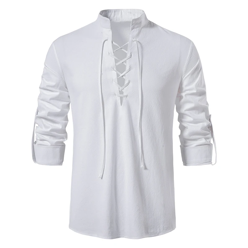 King Billion Men's Shirts Casual Men Cotton Linen Long Sleeve T-shirt Spring Autumn Vintage Shirt US Size Drawstring Neck