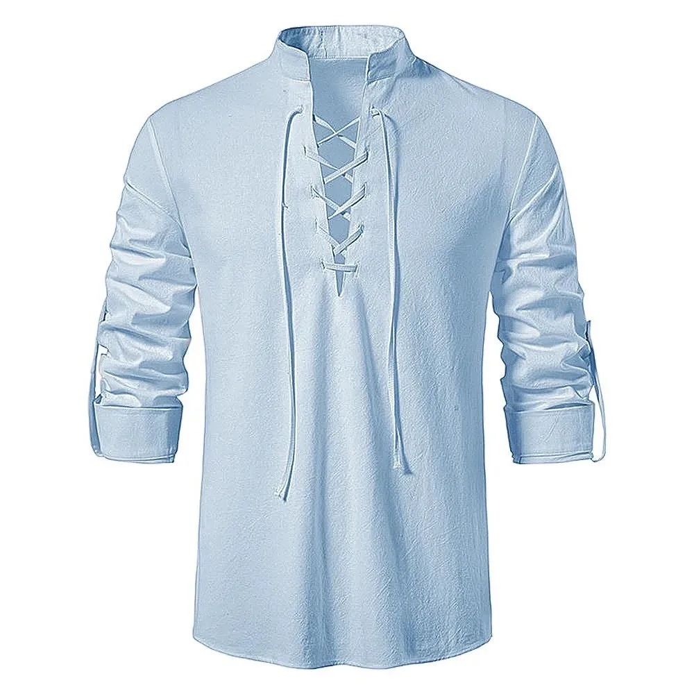 King Billion Men's Shirts Casual Men Cotton Linen Long Sleeve T-shirt Spring Autumn Vintage Shirt US Size Drawstring Neck