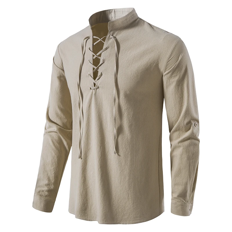 King Billion Men's Shirts Casual Men Cotton Linen Long Sleeve T-shirt Spring Autumn Vintage Shirt US Size Drawstring Neck