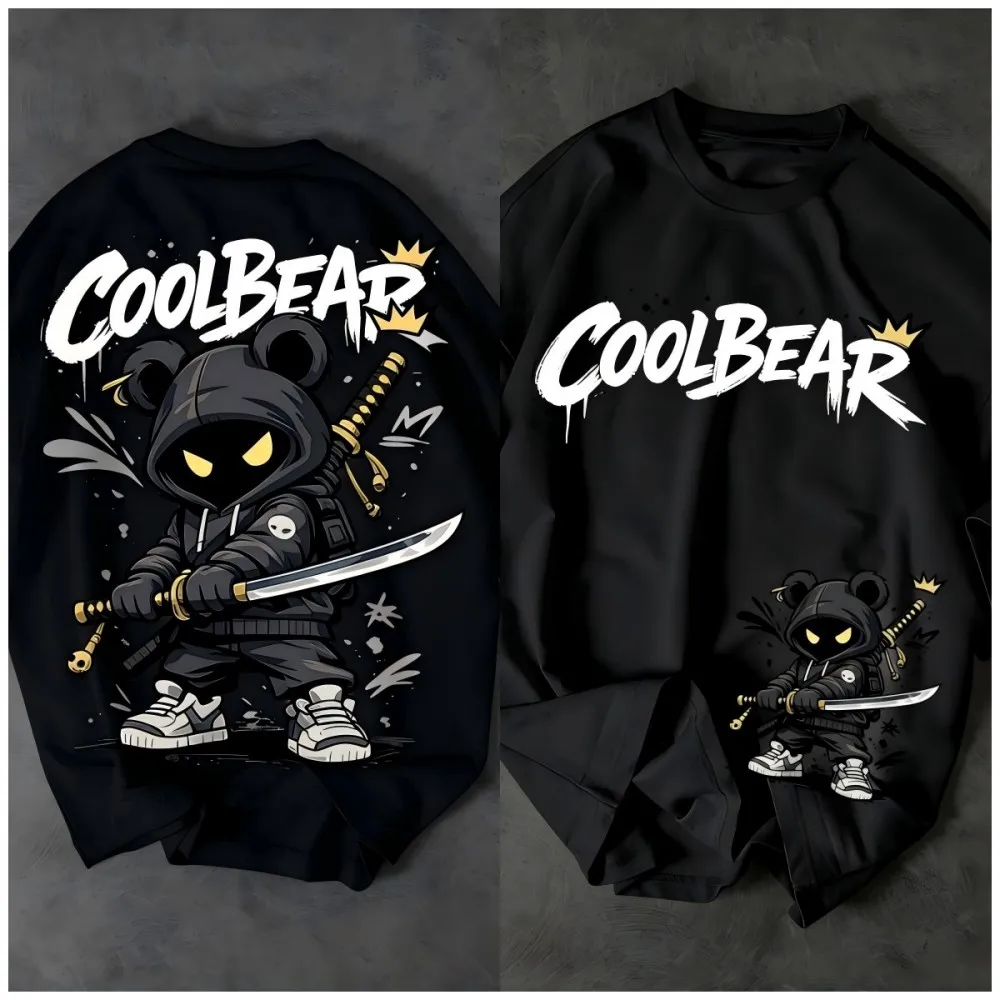 European and American Men's Summer Cartoon Warrior Letter Print Comfortable and Breathable Round Neck T-Shirt Outdoor Street Top