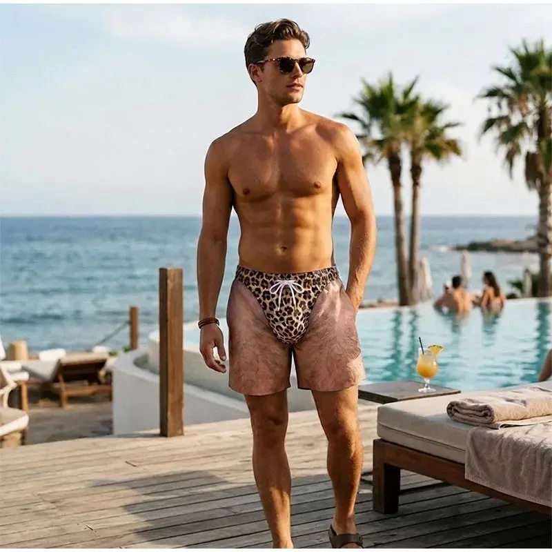 Novelty Men 3D Printed Swim Shorts Fake Hairy Leg Leopard Pattern Drawstring Quick Dry Beach Boardshort Summer Holiday Swimwear