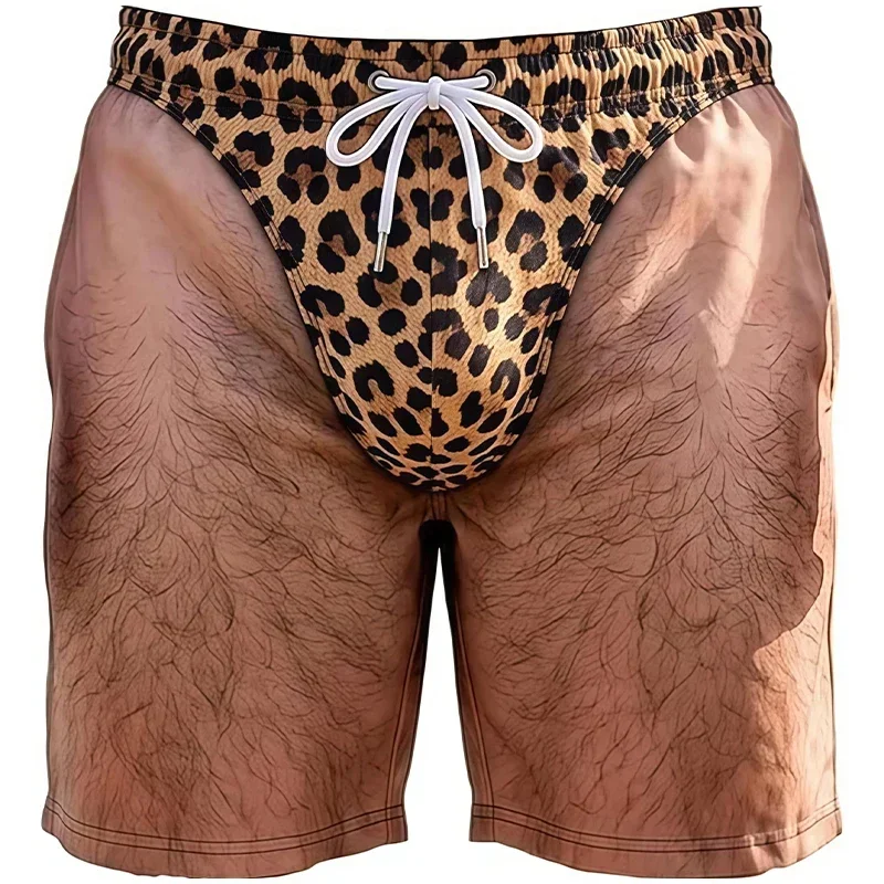 Novelty Men 3D Printed Swim Shorts Fake Hairy Leg Leopard Pattern Drawstring Quick Dry Beach Boardshort Summer Holiday Swimwear