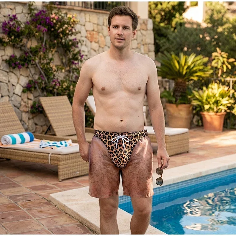 Novelty Men 3D Printed Swim Shorts Fake Hairy Leg Leopard Pattern Drawstring Quick Dry Beach Boardshort Summer Holiday Swimwear