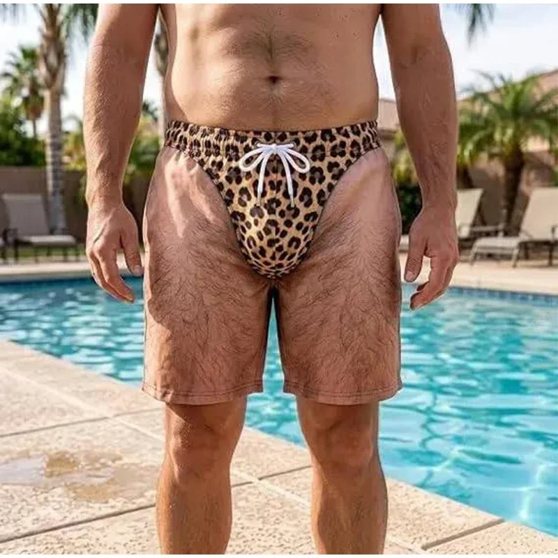 Novelty Men 3D Printed Swim Shorts Fake Hairy Leg Leopard Pattern Drawstring Quick Dry Beach Boardshort Summer Holiday Swimwear