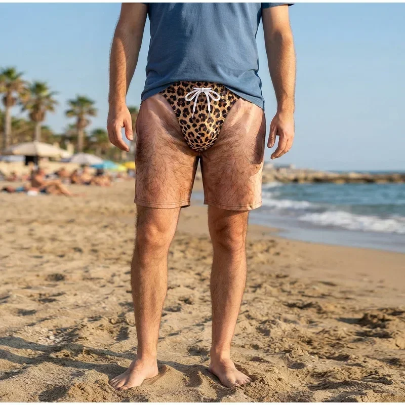 Novelty Men 3D Printed Swim Shorts Fake Hairy Leg Leopard Pattern Drawstring Quick Dry Beach Boardshort Summer Holiday Swimwear
