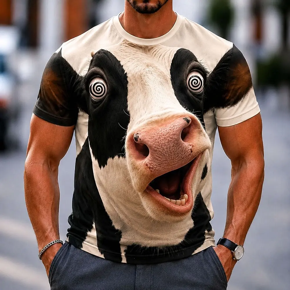 Men's Funny Cow 3D Big Face Print T-Shirt Realistic & Cartoon Dairy Humor Graphic Crew Neck Short Sleeve Tee