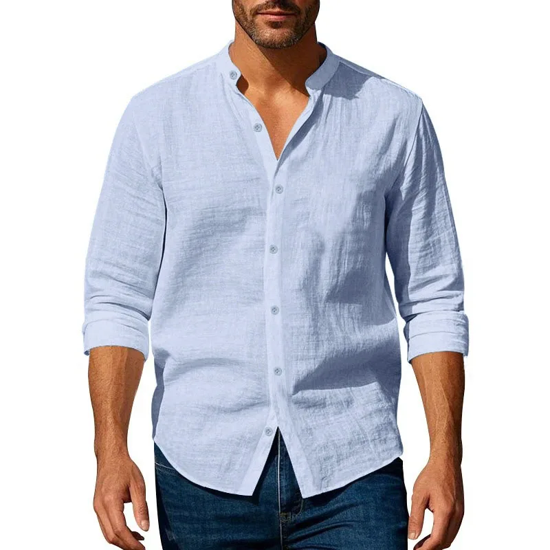 Cotton Linen Shirt for Men Henley Neck Solid Color Lightweight Breathable Slim Fit Single Breasted Shirt Long Sleeve Button Up