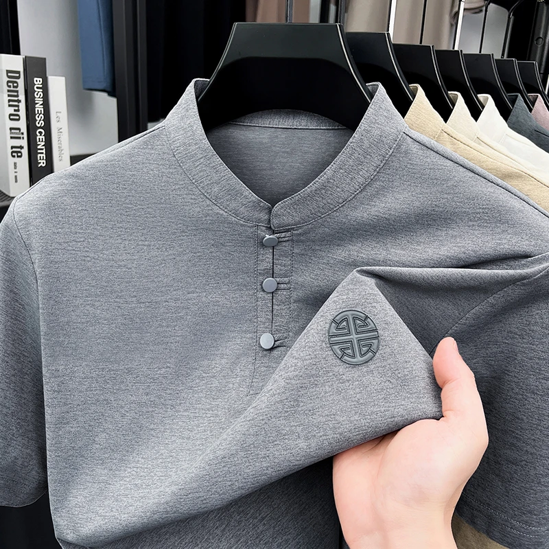 Men's Mandarin Collar Short Sleeve T-Shirt Casual Chinese Style Button Henley Shirt
