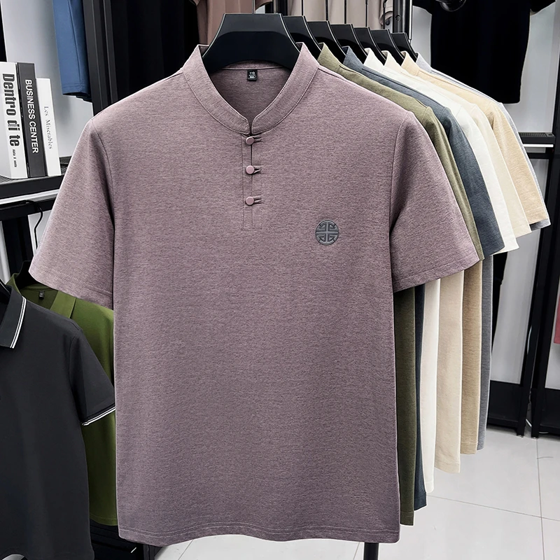 Men's Mandarin Collar Short Sleeve T-Shirt Casual Chinese Style Button Henley Shirt