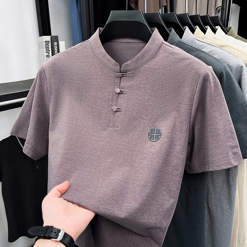 Men's Mandarin Collar Short Sleeve T-Shirt Casual Chinese Style Button Henley Shirt
