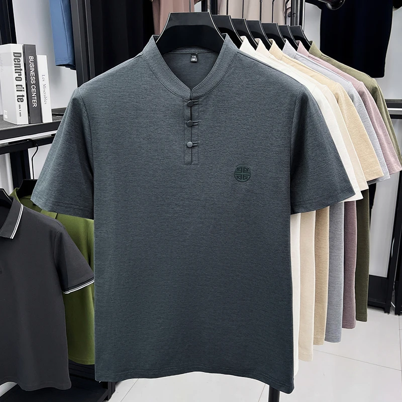 Men's Mandarin Collar Short Sleeve T-Shirt Casual Chinese Style Button Henley Shirt
