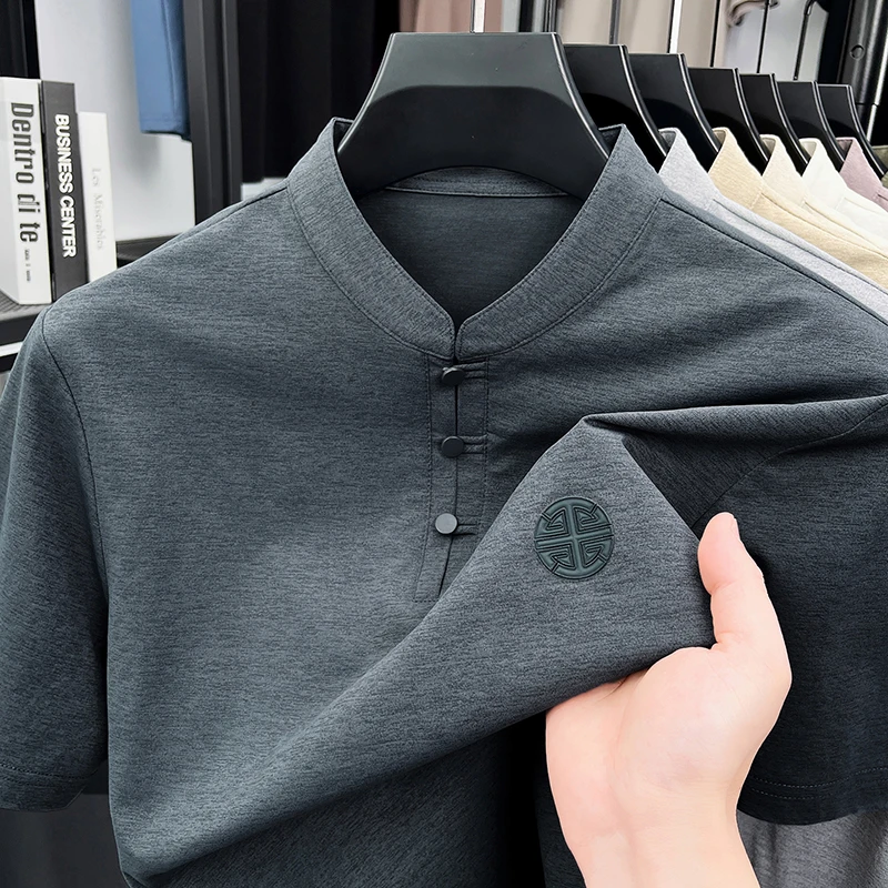 Men's Mandarin Collar Short Sleeve T-Shirt Casual Chinese Style Button Henley Shirt