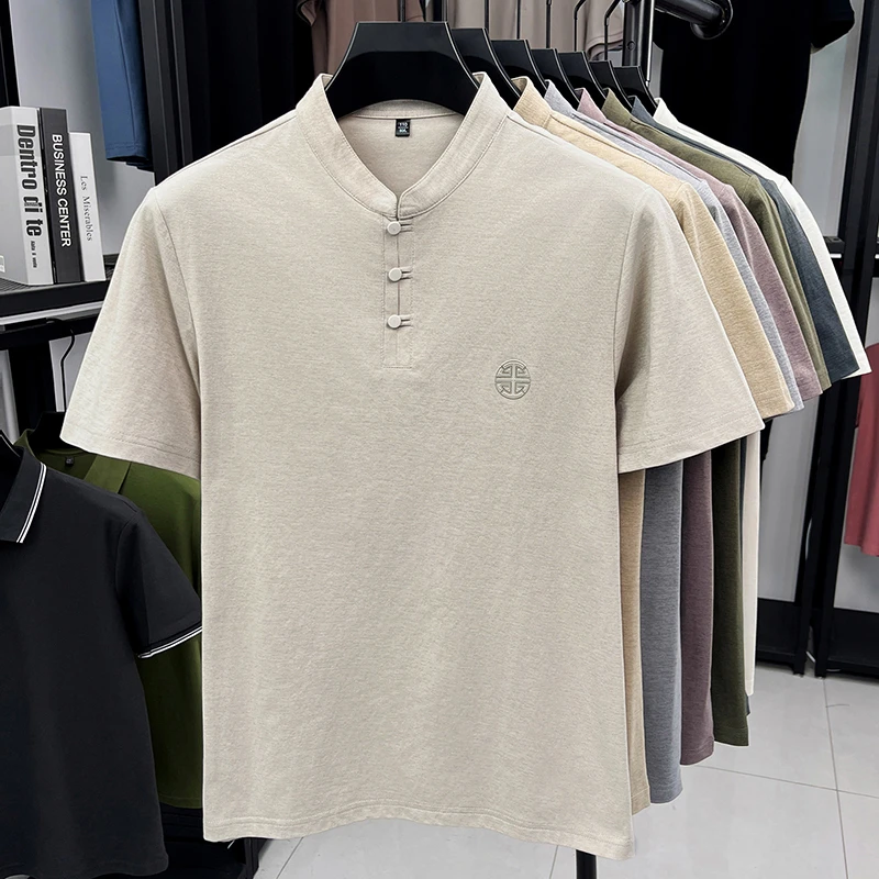 Men's Mandarin Collar Short Sleeve T-Shirt Casual Chinese Style Button Henley Shirt