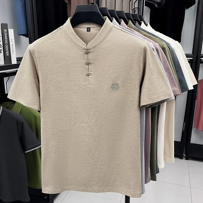 Men's Mandarin Collar Short Sleeve T-Shirt Casual Chinese Style Button Henley Shirt