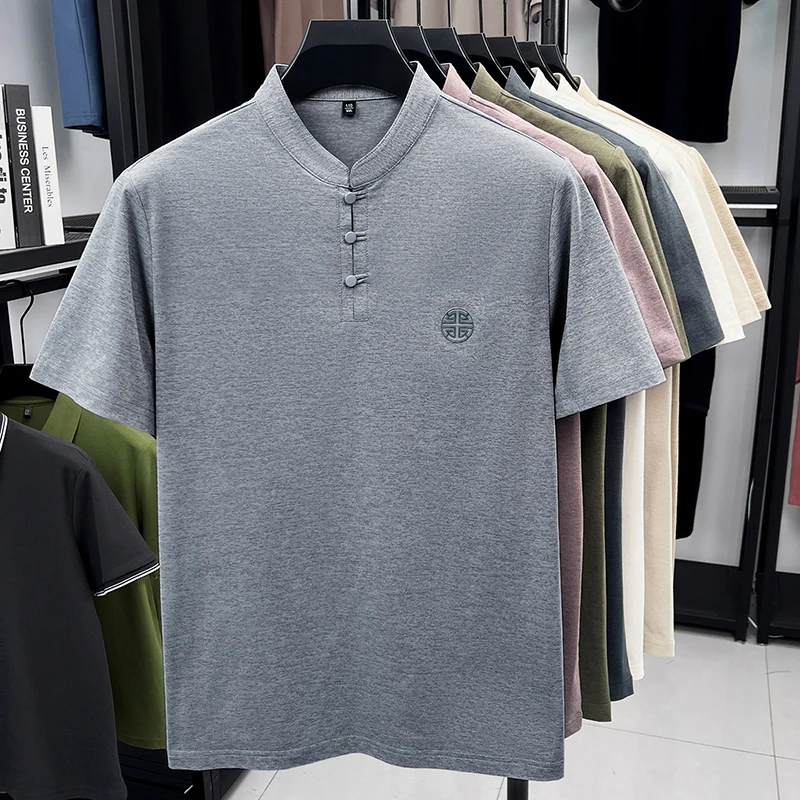 Men's Mandarin Collar Short Sleeve T-Shirt Casual Chinese Style Button Henley Shirt