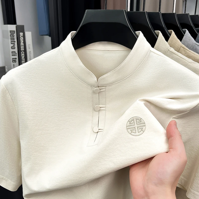 Men's Mandarin Collar Short Sleeve T-Shirt Casual Chinese Style Button Henley Shirt