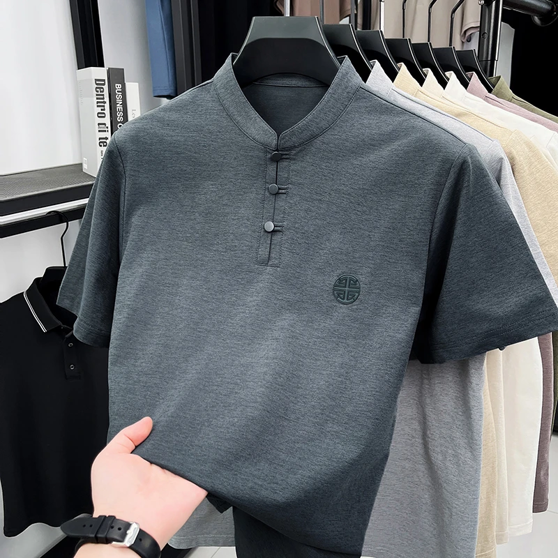 Men's Mandarin Collar Short Sleeve T-Shirt Casual Chinese Style Button Henley Shirt