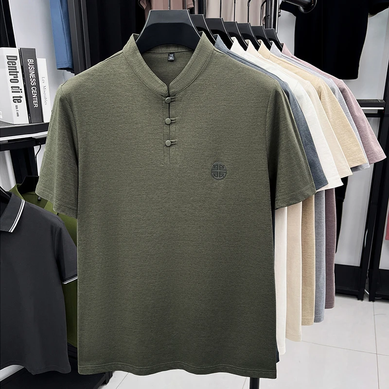 Men's Mandarin Collar Short Sleeve T-Shirt Casual Chinese Style Button Henley Shirt