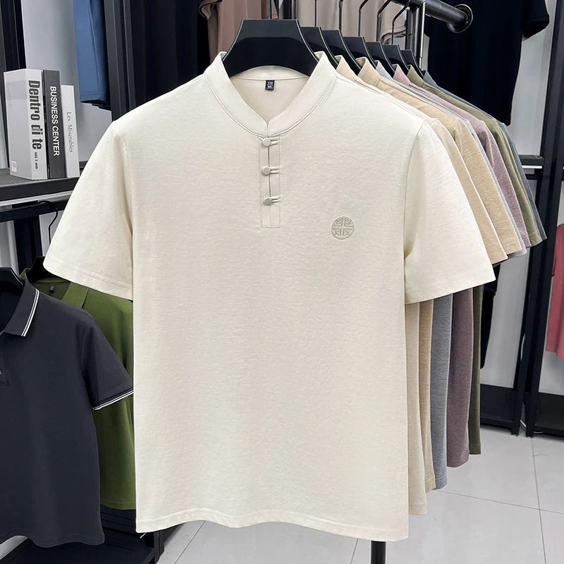 Men's Mandarin Collar Short Sleeve T-Shirt Casual Chinese Style Button Henley Shirt