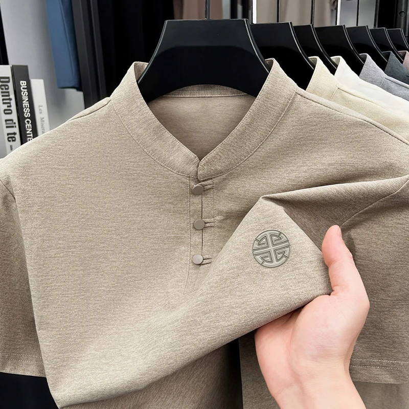 Men's Mandarin Collar Short Sleeve T-Shirt Casual Chinese Style Button Henley Shirt