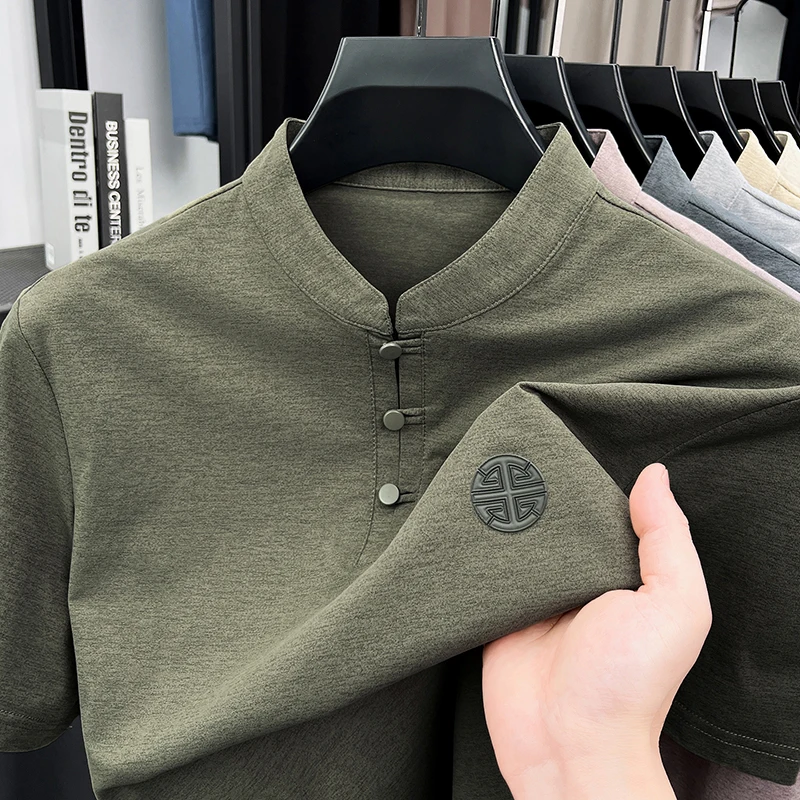 Men's Mandarin Collar Short Sleeve T-Shirt Casual Chinese Style Button Henley Shirt