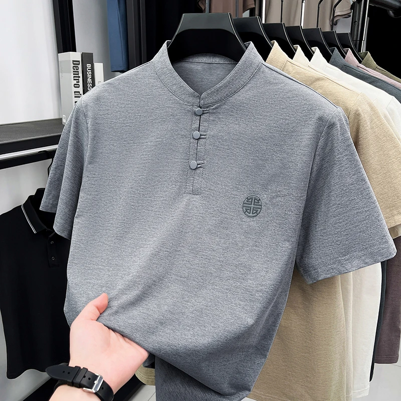 Men's Mandarin Collar Short Sleeve T-Shirt Casual Chinese Style Button Henley Shirt