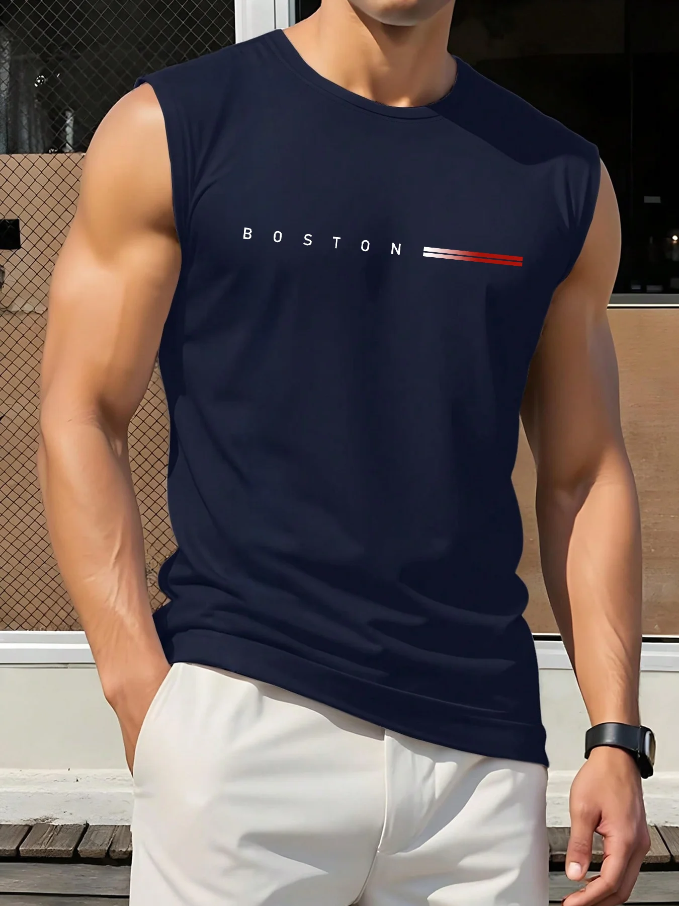100 Cotton BOSTON Men's Summer Fashionable Casual Sports Loose Printed Comfortable and Breathable Round Neck Sleeveless Vest