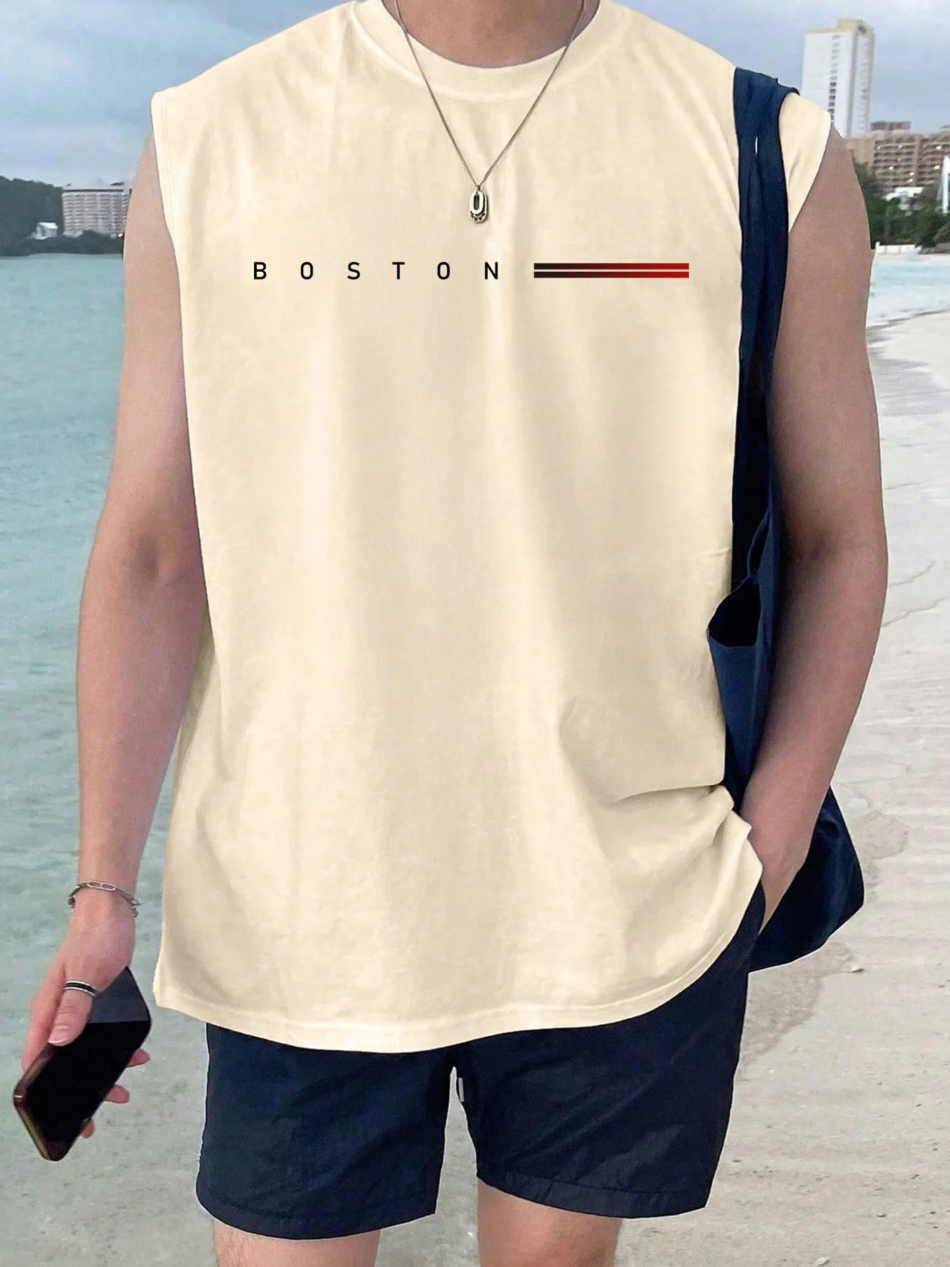 100 Cotton BOSTON Men's Summer Fashionable Casual Sports Loose Printed Comfortable and Breathable Round Neck Sleeveless Vest
