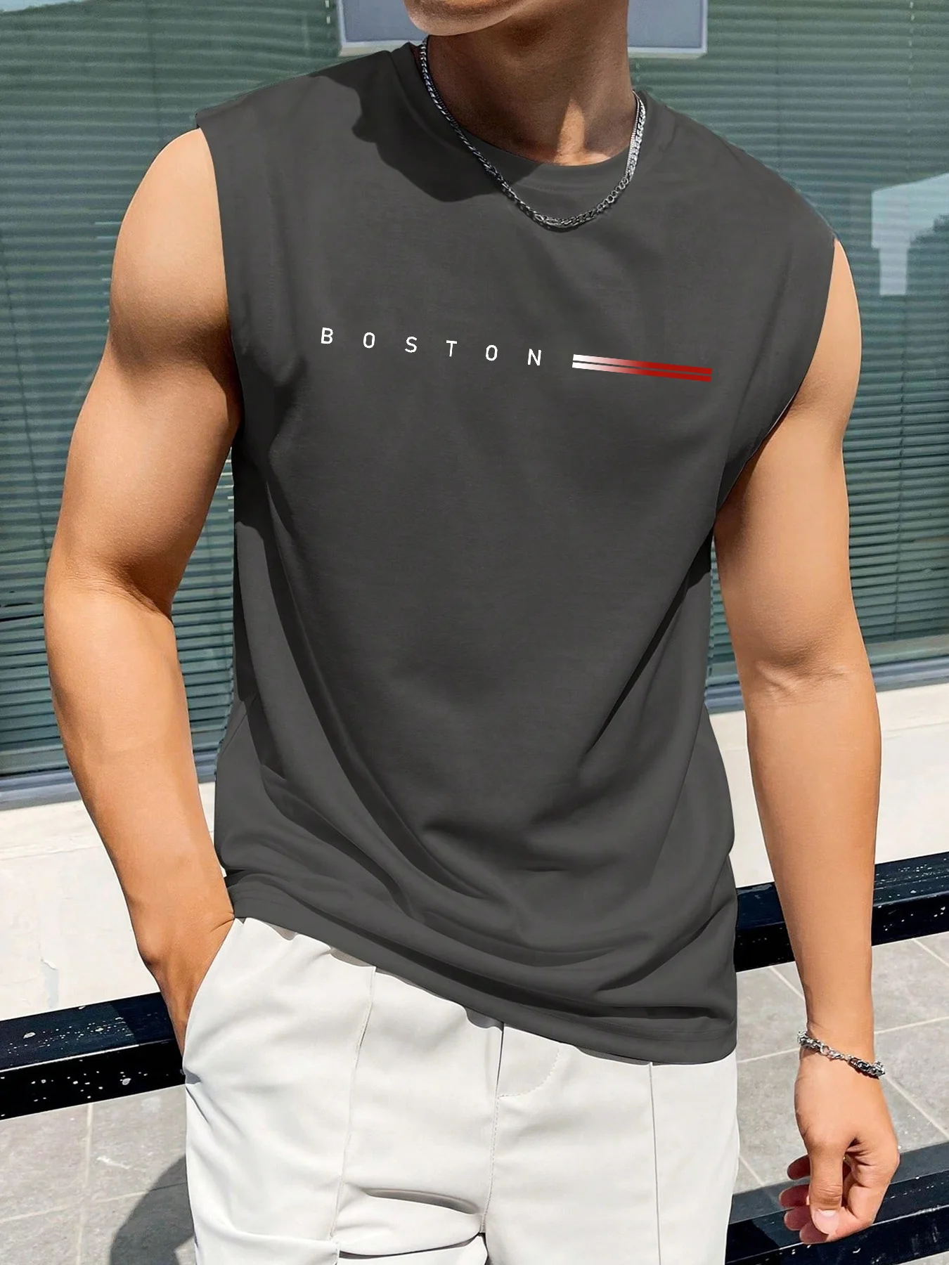100 Cotton BOSTON Men's Summer Fashionable Casual Sports Loose Printed Comfortable and Breathable Round Neck Sleeveless Vest