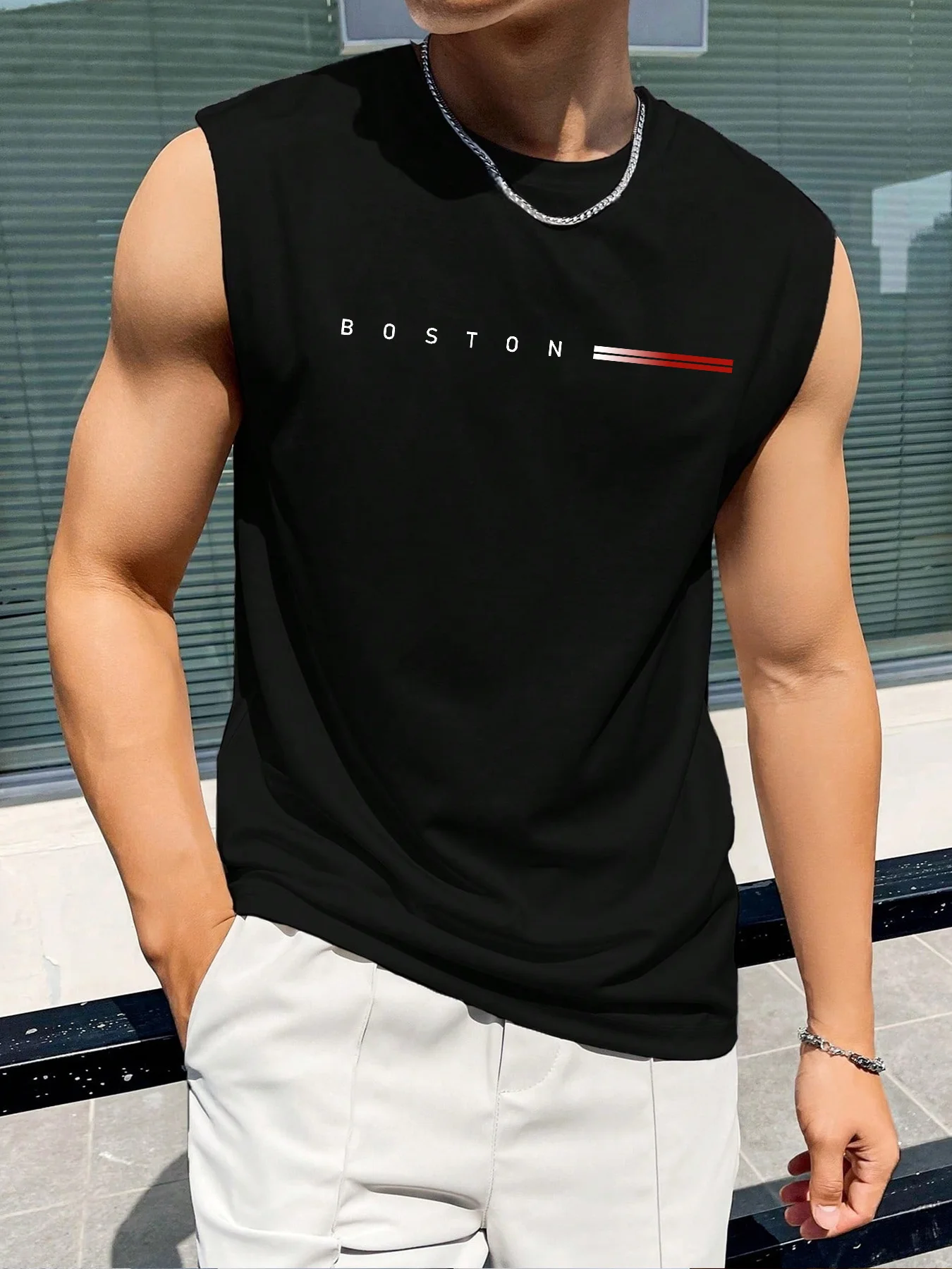 100 Cotton BOSTON Men's Summer Fashionable Casual Sports Loose Printed Comfortable and Breathable Round Neck Sleeveless Vest