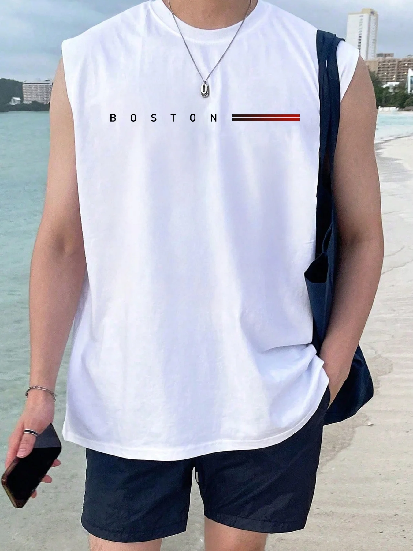 100 Cotton BOSTON Men's Summer Fashionable Casual Sports Loose Printed Comfortable and Breathable Round Neck Sleeveless Vest
