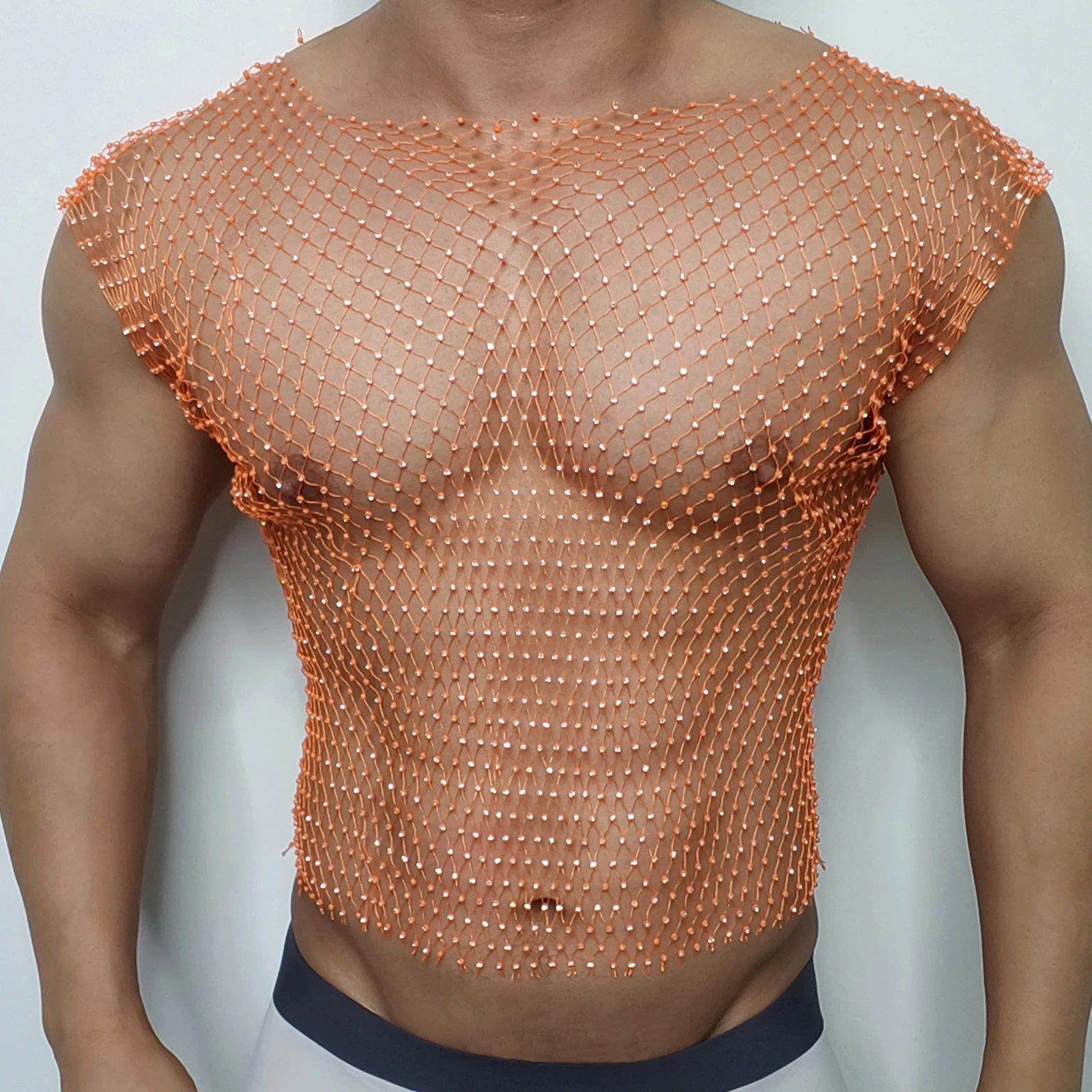 Men Sexy Tank Tops Fishnet Rhinestone Shiny Hollow Vest Man Mesh See-Through Sleeveless T-Shirt Transparent Clothing