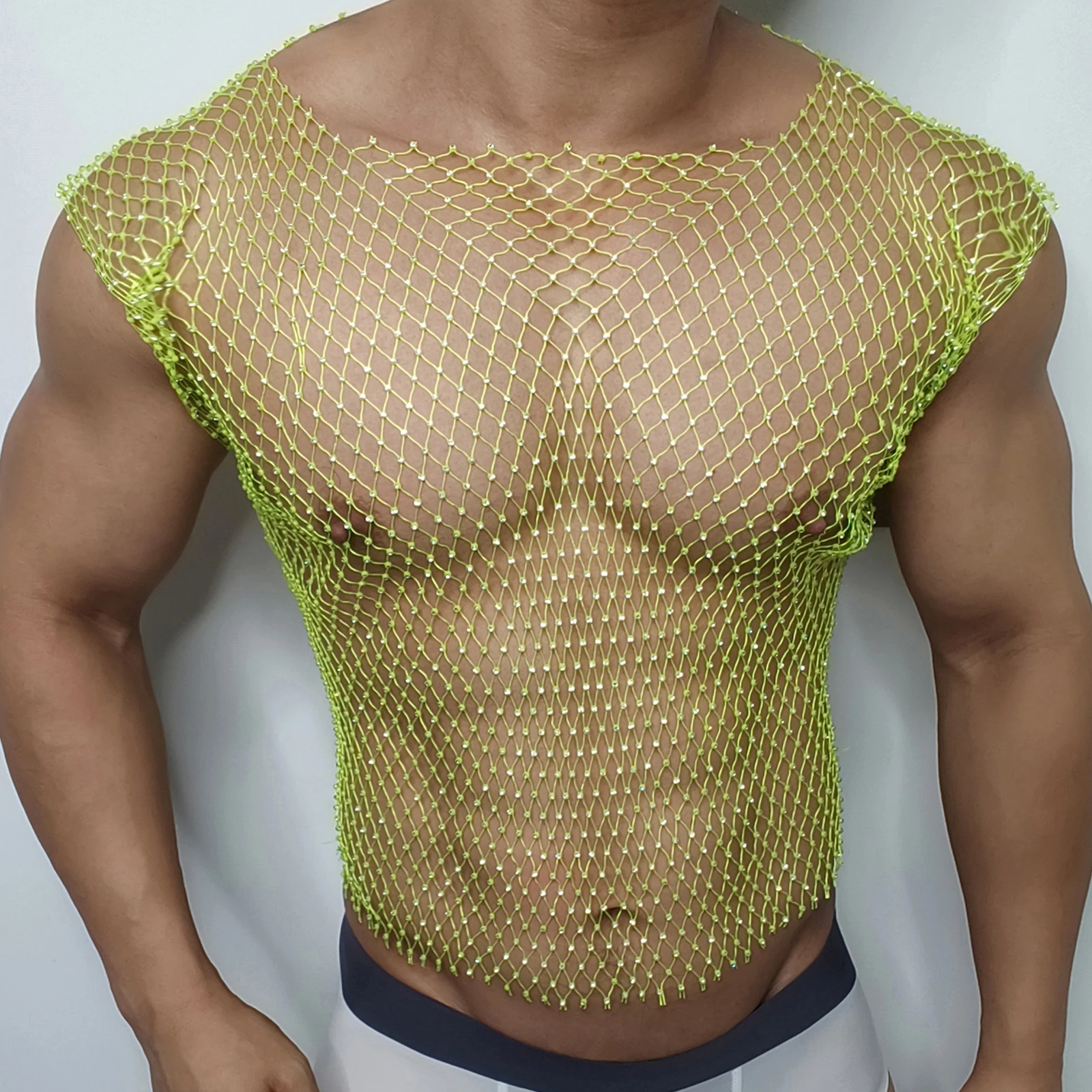 Men Sexy Tank Tops Fishnet Rhinestone Shiny Hollow Vest Man Mesh See-Through Sleeveless T-Shirt Transparent Clothing
